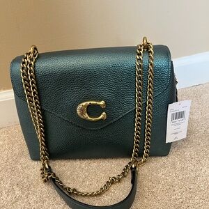 Coach Dark Green Pebbled Leather Shoulder Bag with Gold Hardware